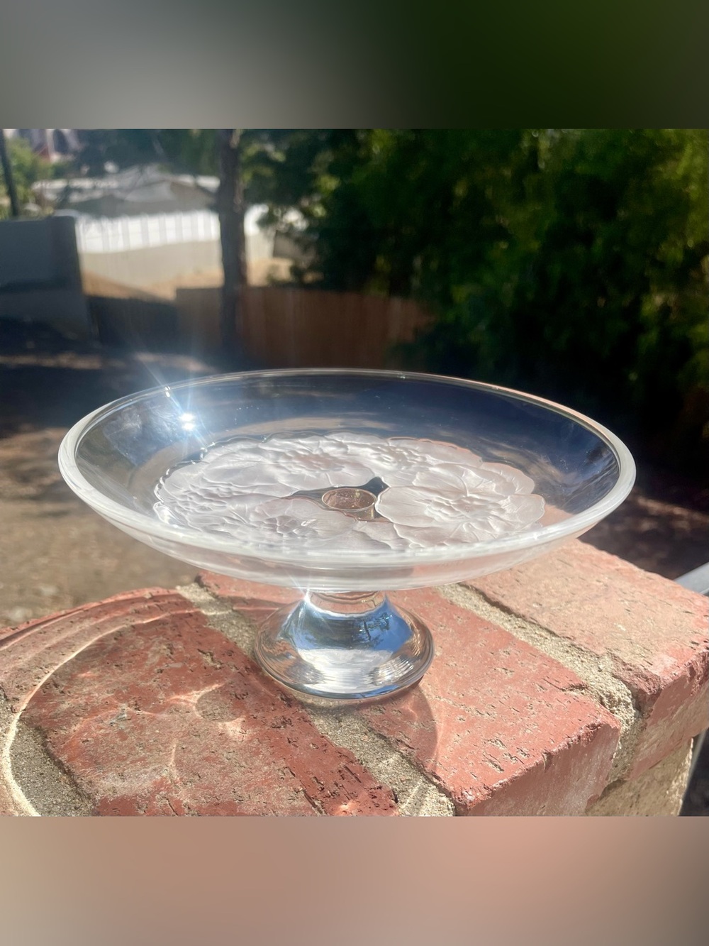 Crystal glass dish with frosted floral design